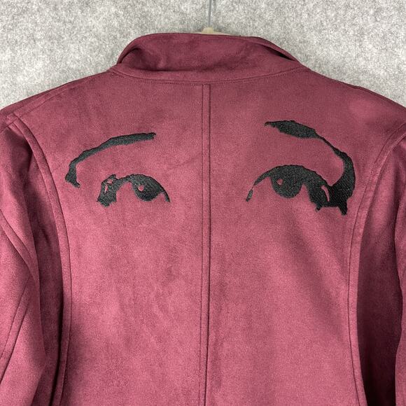 Cromwell Valley Faux Suede Moto Jacket Womens Large Burgundy Embroidered Stretch - Picture 13 of 16